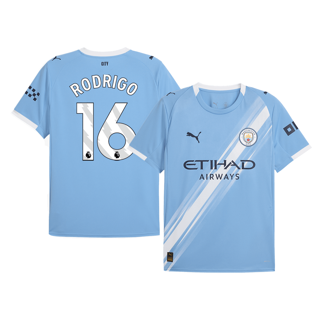 Camiseta de fútbol del Manchester City nº 16, local, temporada 2025/26, azul, de Rodrigo.