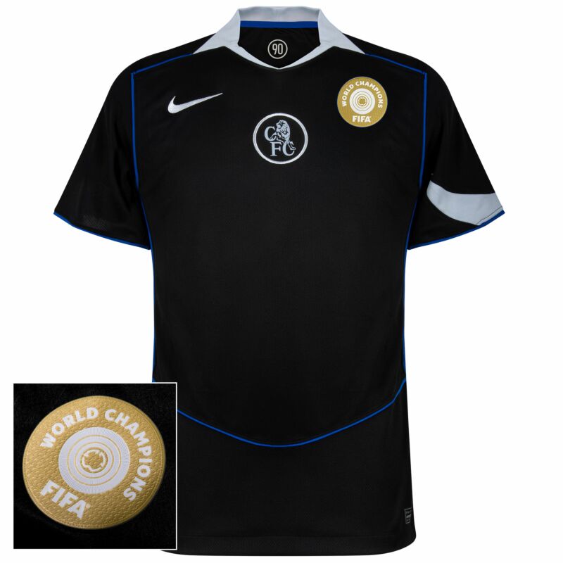 Camiseta de fútbol visitante del Chelsea (tercera equipación) con escudo del campeón mundial de la FIFA 2025/26