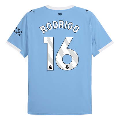 Camiseta de fútbol del Manchester City nº 16, local, temporada 2025/26, azul, de Rodrigo.